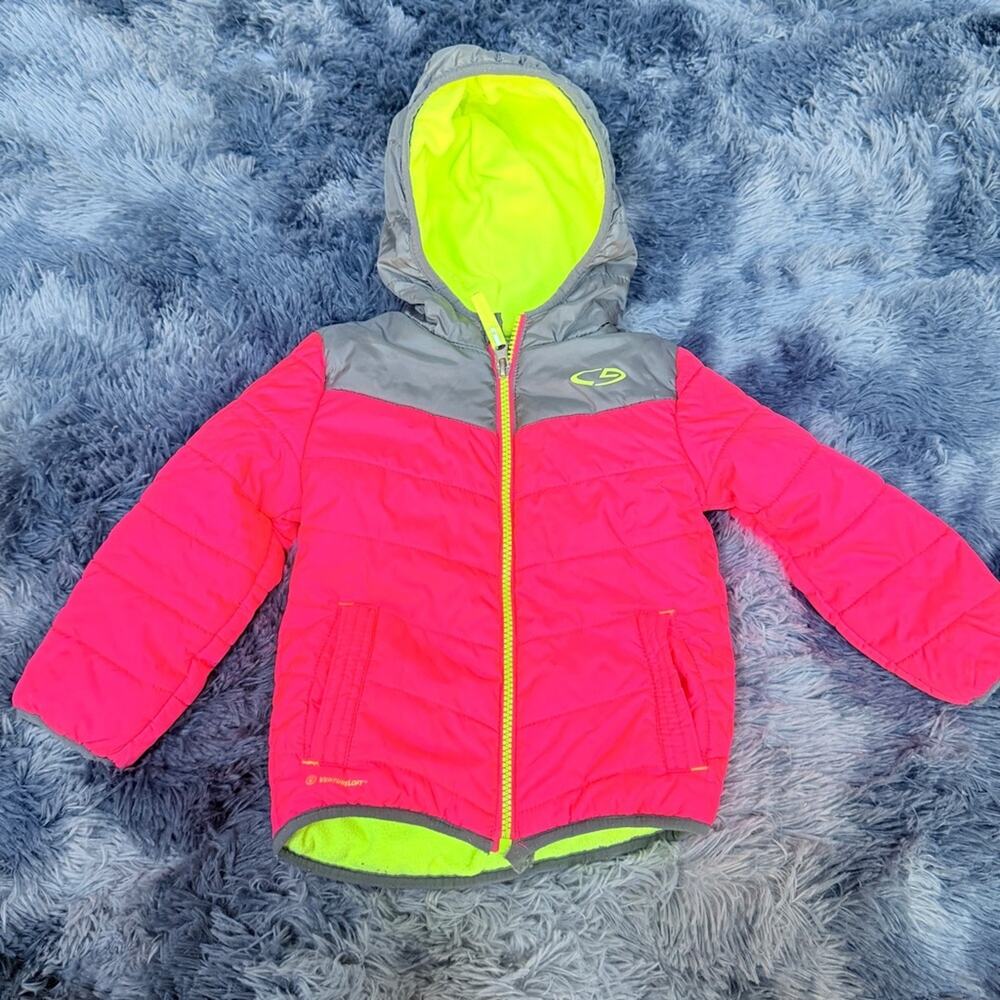 Champion Kids Bright Pink & Gray Puffer Jacket with Neon Yellow Lining 2T girls